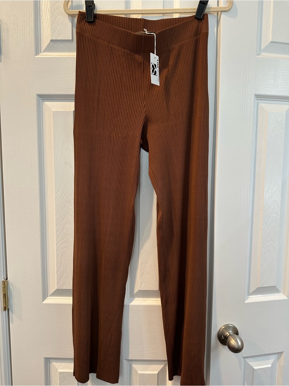 Enza Costa Ribbed Straight-Leg Pants in Brown